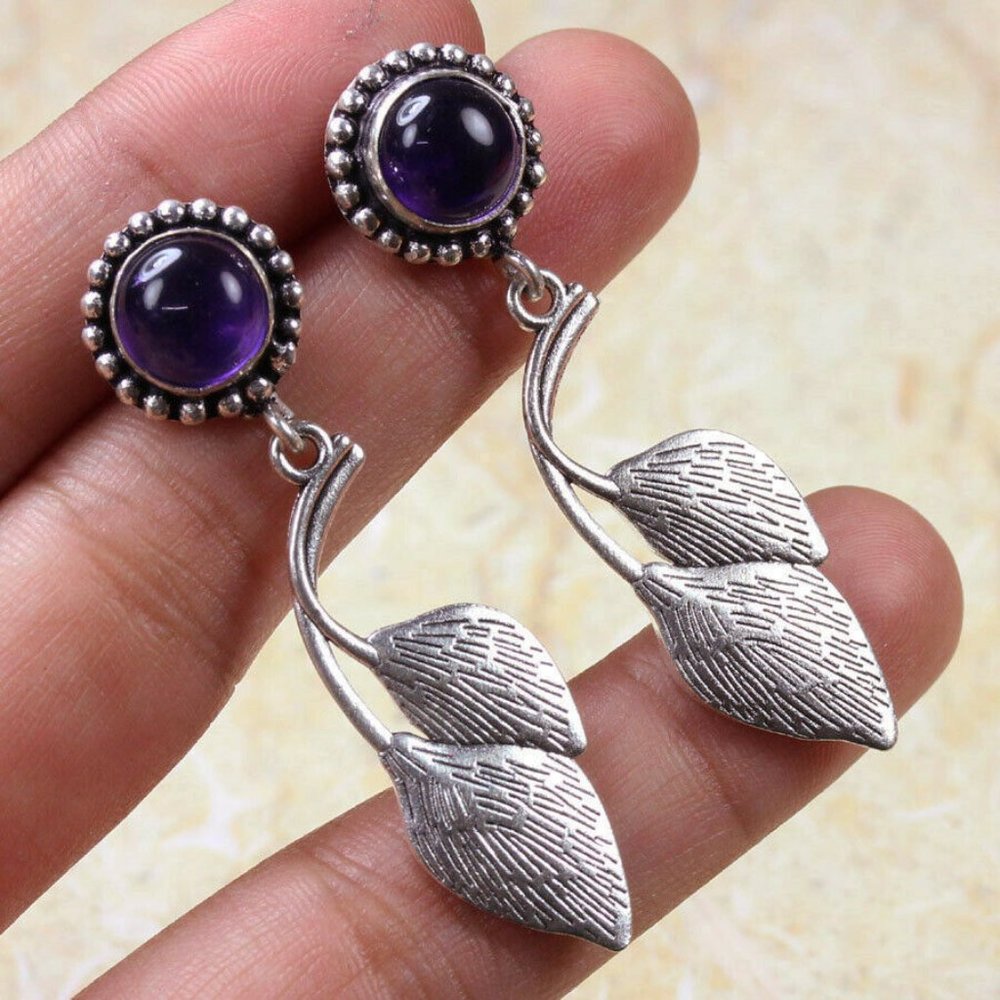 Elegant Silver and Purple Leaf Drop Earrings